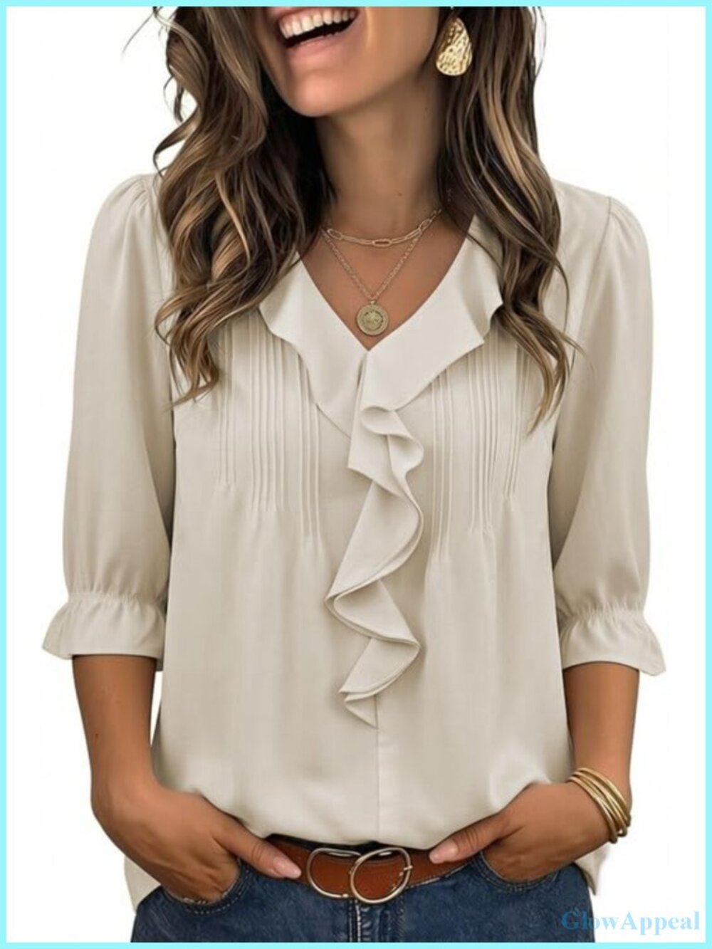 Victorian Ruffle Blouse Women 3/4 Sleeve V-Neck Business Casual Polyester